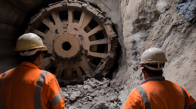 Two construction workers in safety gear observe a massive tunnel boring machine excavating through rock. The machine's circular cutter head dominates the scene, surrounded by debris.