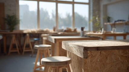 Sunlit artisan workshop hums with creative potential, as dust motes dance, inspiring International Crafting Day and DIY aficionados