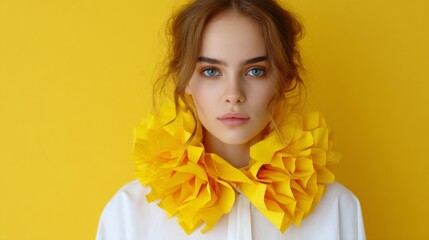 Fototapeta premium Young girl in oversized jabot collar and yellow tights, exuding indifference at a dinner party, set against a vibrant yellow backdrop, showcasing contemporary art and unique fashion.