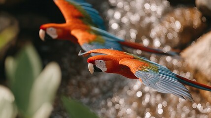 Flying crimson macaws soar above gleaming jungle stream, evoking Carnival celebrations and Bird Day splendor in vibrant tropical symphony