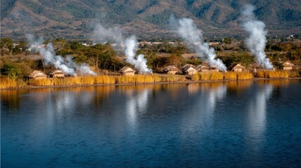 Smoke ascends from rustic lakeside huts during Ukusefya Pa Ng'wena celebration, exuding tranquil harmony and cultural roots