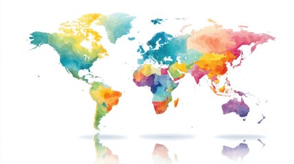 Colorful World Map Illustration with Vibrant Watercolor Style for Educational and Geographical Content