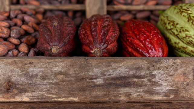 Rustic cacao pods nestled among cocoa beans, evoking the richness of Chocolate Day and the mystical allure of Xocolatl