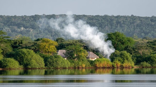 Smoke curls from a thatched cottage nestled in verdant foliage, evoking Earth Day's harmony and Sukkot's sheltering embrace