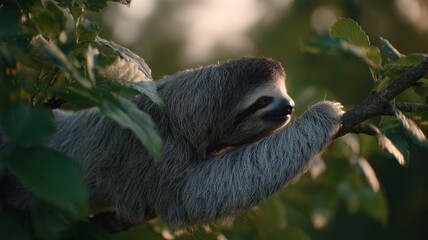 Naklejka premium A languid sloth, arboreal acrobat of tranquility, dangles amid lush foliage, echoing World Sloth Day's unhurried zen spirit