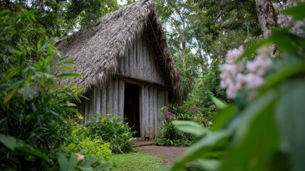 Rustic thatched-roof hut nestles in lush verdant foliage, evoking Taino spirit, eco-retreat dreams, Earth Day reflection