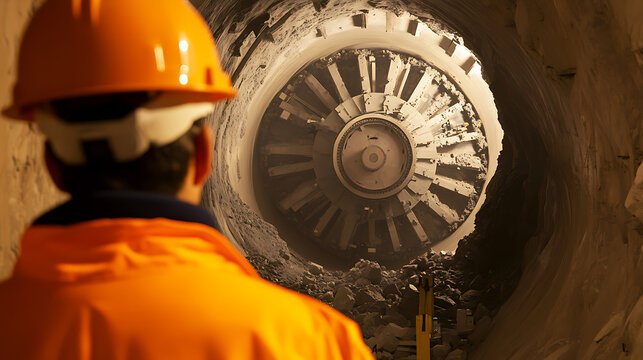 A construction worker oversees a tunnel boring machine as it carves through rock, showcasing engineering and infrastructure development in underground construction.