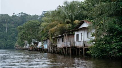 Stilted river huts whisper of Amazonian folklore, echoing Dia de la Pachamama's whispers, jungle serenity enfolds rustic life