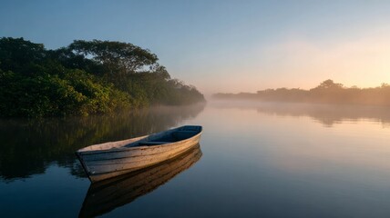 Obraz premium Tranquil dawn embraces a solitary skiff on misty waters, evoking Moonday reflections and Zen-like serenity