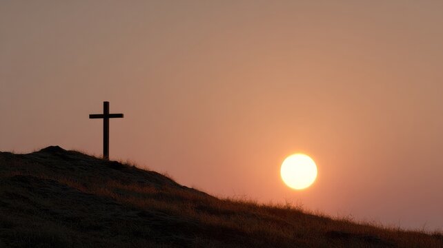 Sunset over a solitary cross on a hill, echoing introspective solitude and spiritual harmony, evocative of Good Friday and Photopourri