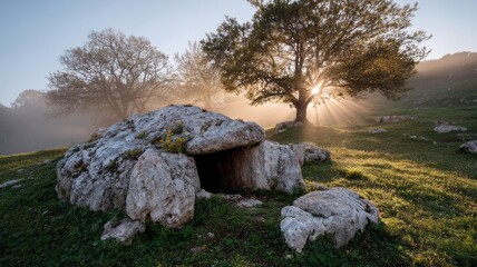 Sunlight whispers through ancient dolmen stones in mystical dawn, invoking Samhain whispers and Pagan reverie under oak's embrace