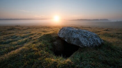 Ancient stone embraces misty sunrise on sacred Samhain eve, whispering secrets of megalithic magic and Celtic reverie