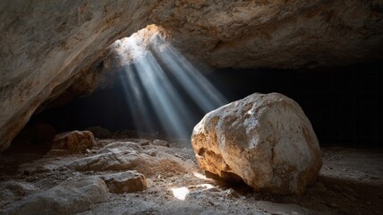 Sunlight pierces ancient cave revealing ethereal stone guardian, evoking Candlemas mysteries and subterranean folklore secrets