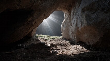Sunbeams pierce the silent cave entrance, illuminating hidden whispers, connecting to Earth's Shadow Day and spelunking adventures