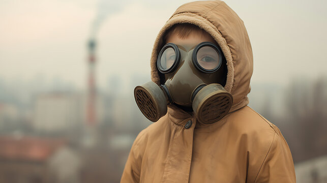 A child wearing a gas mask against a backdrop of smoke rising from an industrial chimney. A stark image of environmental concern and the impact on future generations.