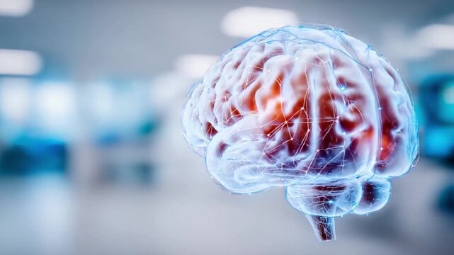 Brain Model in a medical environment: A detailed, illuminated brain model sits prominently, representing the intricate complexities of the human mind, in a clean, modern medical or laboratory setting.