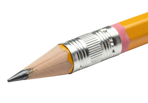 Close up of a sharpened yellow pencil with a pink eraser and silver ferrule isolated on transparent background