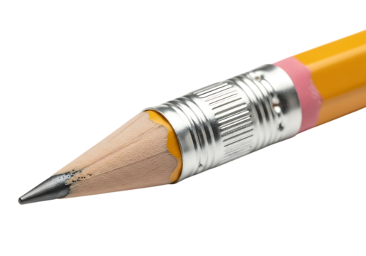 Close up of a sharpened yellow pencil with a pink eraser and silver ferrule isolated on transparent background