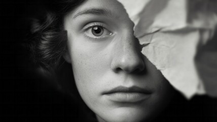 A young Caucasian female peers through torn paper, channeling mystery and introspection, perfect for World Book Day and surreal narratives