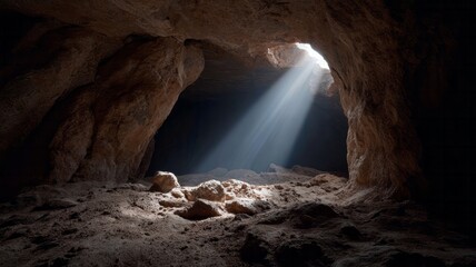 Sunlight pierces the ancient cavern's stillness, evoking Earth's quiet secrets, ideal for Winter Solstice meditation or spelunking adventures