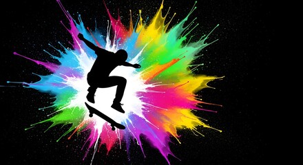 Silhouette Of Skateboarder Performing Trick Against Colorful Splash Background Full Of Energy And Motion A Dynamic Image With Modern Abstract Design