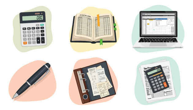 Accounting and finance icons calculator notebook laptop pen binder and receipt
