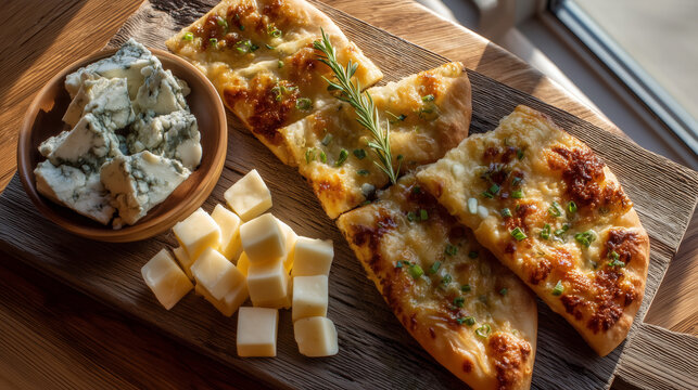 Top-down view of artisan flatbread and cheeses arranged asymmetrically on rustic wooden board
