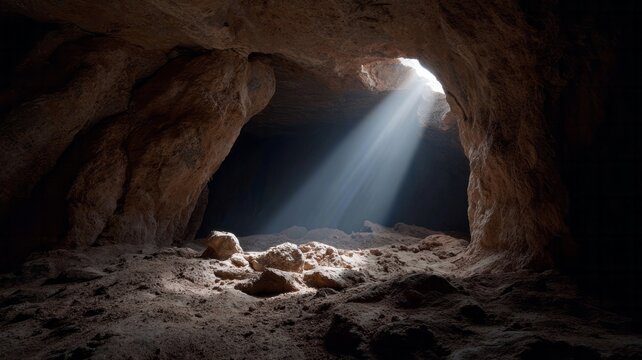 Sunlight pierces the ancient cavern's stillness, evoking Earth's quiet secrets, ideal for Winter Solstice meditation or spelunking adventures