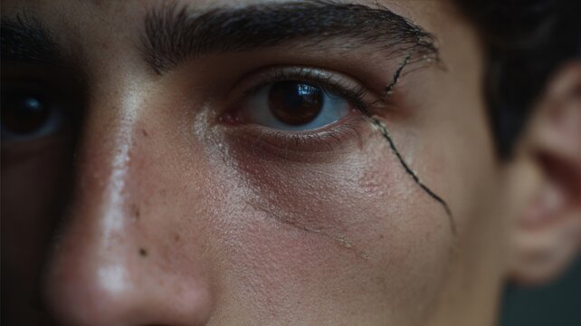 Close-up of young male's eye with intricate crackle effect, evoking mysteries of Lantern Festival and storytelling traditions