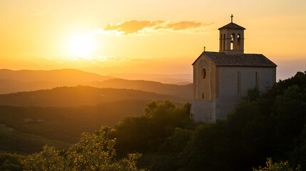 Fototapeta premium Picturesque sunset over a serene chapel nestled among rolling hills, casting a golden glow across the landscape. A peaceful, idyllic scene of nature and architecture.