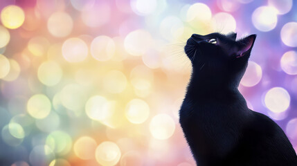 Silhouette of black cat against colorful bokeh background creates whimsical and enchanting atmosphere