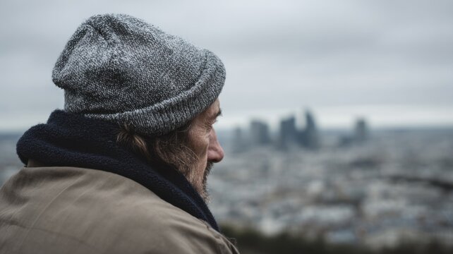 A contemplative Caucasian man gazes over the fog-kissed skyline, evoking Yule reflections and International Loneliness Awareness Week