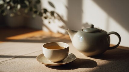Fototapeta premium A sunlit porcelain teacup embraces tranquility, echoing peaceful Zen moments and Japanese Otsukimi lunar festivals