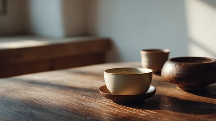 Subtle sunshine dances on rustic teacups, evoking Hygge coziness, serene tea rituals, and World Tea Day meditations