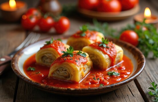 Four delicious cabbage rolls topped with tomato sauce and parsley sit on a plate. Tomatoes and candles create a warm, rustic ambiance on wooden table. Home-style meal preparation.