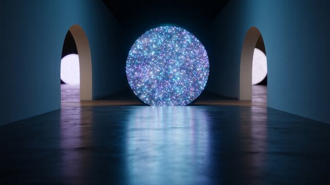 Sparkling cosmic orb glows vibrantly in abstract archway hall, evoking sci-fi mysteries and cosmic reunion festivals