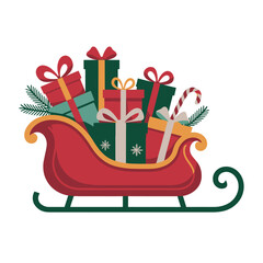 A sleigh is filled with brightly wrapped Christmas presents and festive decorations.
