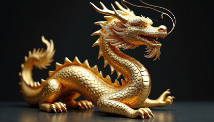 Obraz premium Golden Chinese dragon statue sits majestically against dark backdrop. Intricate scales, sharp claws, and flowing mane suggest power, wisdom, and good fortune, ideal for cultural or festive themes.