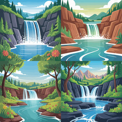 Four distinct artistic interpretations showcase vibrant waterfalls cascading through natural landscapes.