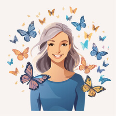 Uśmiechnięta kobieta otoczona kolorowymi motylami, radosna wiosenna ilustracja.