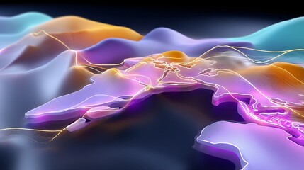 Obraz premium Elegant futuristic visualization of global travel routes with neon gradients, holographic continents, and glowing air trails representing modern digital connectivity.
