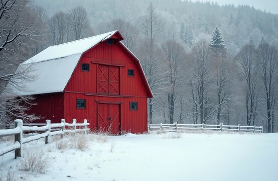 Red barn sits in snowy field with fence and bare trees. Cold winter landscape has snow covered roof and hazy forest backdrop. Rural scene is quiet and serene. - Powered by Adobe