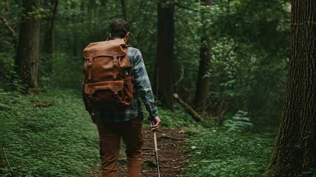 Person hiking in forest carrying backpack exploring nature