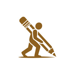 A stylized figure carries a large pencil, symbolizing writing and creation.