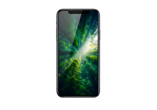 Modern smartphone displaying vibrant abstract forest scene isolated on transparent background