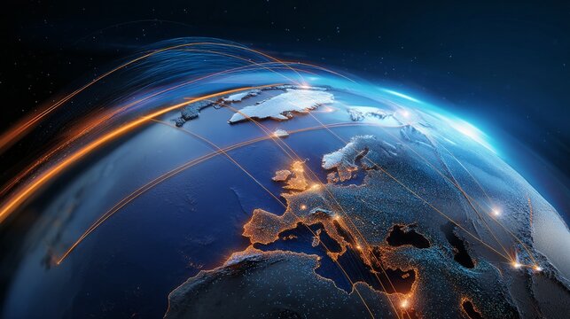 Minimal vector artwork of planet Earth with geometric continents and vivid cargo routes over paper texture, bright blue and orange contrast showcasing modern global logistics in detailed 8k.