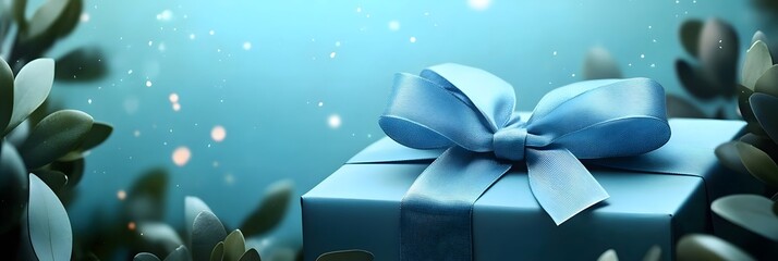 Gift-wrapped blue box with a ribbon placed among greenery and sparkling lights in a serene setting
