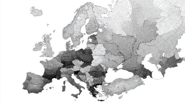 Gray Scale Map of Europe Showing Different Regions and Countries