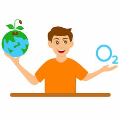Vector illustration of a young man holding the Earth with a growing tree sprout and the O₂ symbol. Perfect for concepts of ecology, sustainability, education, and protecting the world's environment.