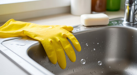 Yellow rubber gloves resting on kitchen sink with soap and water droplets  